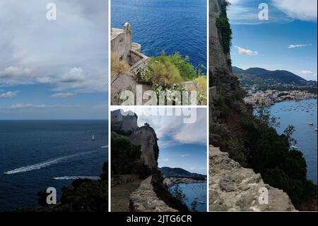 La splendida vista panoramica sulla città di Ischia Ponte (Isola d'Ischia, Napoli, Italia) dalla cima del famoso Castello Aragonese (18) Foto Stock