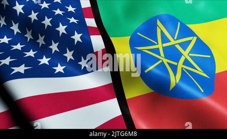 3D sventolando Stati Uniti d'America ed Etiopia hanno Unito la vista di closeup della bandiera Foto Stock