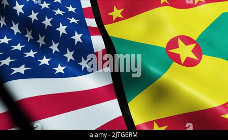 3D ondeggiando Stati Uniti d'America e Grenada fuse Flag Closeup View Foto Stock