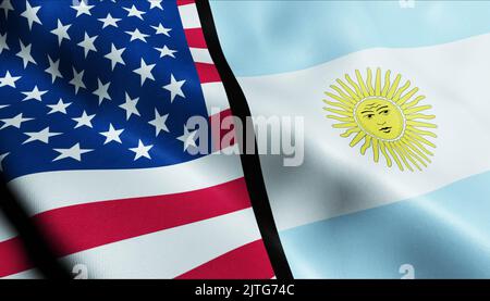 3D ondeggiando Stati Uniti d'America e Argentina fuso Flag Closeup View Foto Stock
