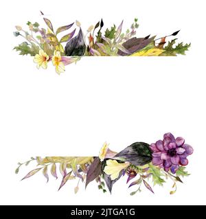 Struttura ad acquerello con petunia autunnale disegnata a mano e fiori di dahlia, rami e foglie. Isolato su sfondo bianco. Design per invitati Foto Stock