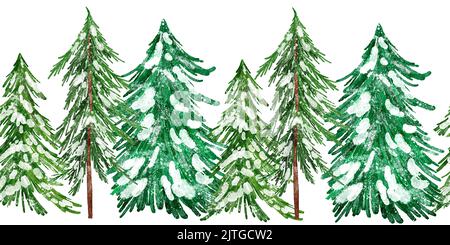 Acquerello senza cuciture bordo disegnato a mano con alberi di Natale. Inverno dicembre legno foresta legno legno arredamento legno, rami di conifere pino in ornamenti neve, telaio orizzontale clipart Foto Stock
