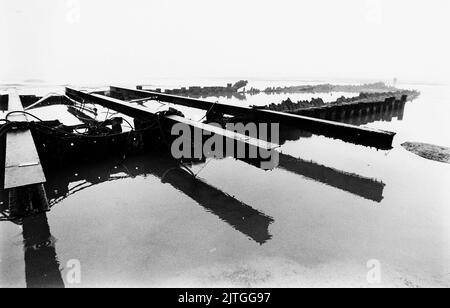 AJAXNETPHOTO. 28TH AGOSTO, 1984. BULVERHYTHE BAY, NR HASTINGS, INGHILTERRA. - AMSTERDAM RELITTO - LEGNAME DEL 18TH ° SECOLO OLANDESE INDIA ORIENTALE CO., NAVE MERCANTILE SPORGONO SOPRA LE SABBIE. POSSONO ESSERE VISTI SOLO ALLE SORGENTI DI ACQUA BASSA. LA NAVE FU DISTRUTTA IN UNA TEMPESTA DI CANALI IL 26TH GENNAIO 1749 E RISCOPERTA NEL 1969. FOTO:JONATHAN EASTLAND/AJAX. RIF:340 220105 18. Foto Stock