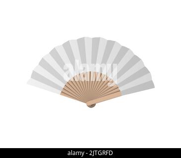 Ventilatore a mano, semplice ventilatore ad aria di carta bianca della geisha giapponese. Illustrazione vettoriale. Accessorio tradizionale asiatico. Immagine grafica stock. Bambù legno donna cina Illustrazione Vettoriale