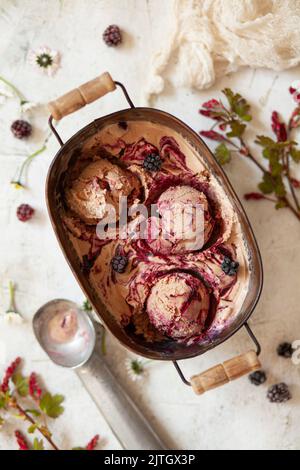 Una lattina di gelato al cioccolato con ripple di frutta di mora. Palline di gelato sono state scooped fuori. Foto Stock