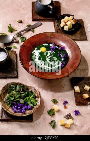 Piatto di zuppa di purea di ortica primaverile, servito con tuorlo di quaglia, fiori di violette, crema, crostini e giovani foglie di ortica su piastrelle di ceramica marrone. P Foto Stock