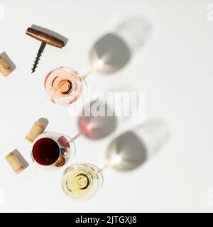 Composizione del vino con bella luce solare e ombre su sfondo bianco. Vista dall'alto, piano di giacitura, composizione quadrata Foto Stock