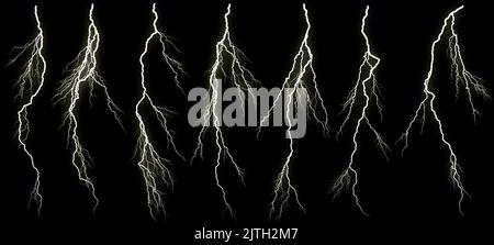 Set di fulmini diversi isolati su sfondo nero Foto Stock
