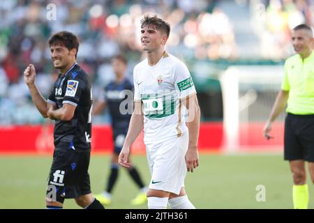 Elche, Spagna. 27th ago, 2022. Raul Guti (Elche) Calcio : spagnolo 'la Liga Santander' partita tra Elche CF 0-1 Real Sociedad all'Estadio Martinez Valero di Elche, Spagna . Credit: Mutsu Kawamori/AFLO/Alamy Live News Foto Stock