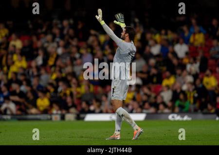 Watford, Regno Unito. 30th ago, 2022. Daniel Bachmann #1 di Watford a Watford, Regno Unito il 8/30/2022. (Foto di Richard Washbrooke/News Images/Sipa USA) Credit: Sipa USA/Alamy Live News Foto Stock