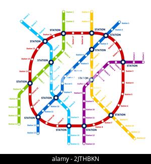 Metro, metropolitana, mappa dei trasporti sotterranei. Piano linea vettoriale con stazioni ferroviarie, schema astratto rotondo di trasporto ferroviario di transito rapido percorsi colorati. Mappa della rete dei tunnel della metropolitana Illustrazione Vettoriale