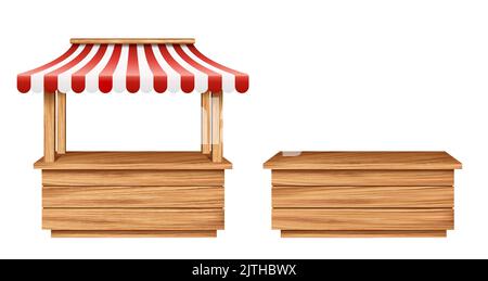 Stand mercato realistico, isolato 3D vettore vuoto stalla in legno con baldacchino a strisce. Beffa di legno da banco con strisce rosse e bianche per il commercio di strada, stand di vendita al dettaglio di prodotti alimentari Illustrazione Vettoriale