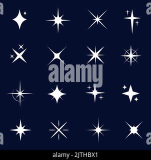 Icone scintillanti, stelle e scintille, stelle bianche e silhouette flash. Vettore isolato che splende luci e scintille di raggi luminosi ed effetto luce parassita. Riflessi magici, brillantezza brillante Illustrazione Vettoriale