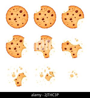 Crumble biscotto biscotto sprite animated. Dessert croccante vettoriale con pezzi di cioccolato e briciole. 2d cookie per il gioco dei cartoni animati, dessert intero e morso spariscono animazione. Panetteria isolata fatta in casa Illustrazione Vettoriale