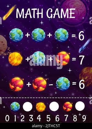 Foglio di lavoro del gioco di matematica dei bambini. Galaxy spazio cartone animato pianeti e stelle alieni. Enigma matematico per bambini prescolare, aggiunta e sottrazione puzzle bambini con spazio abitato, pianeti ardenti con lava Illustrazione Vettoriale