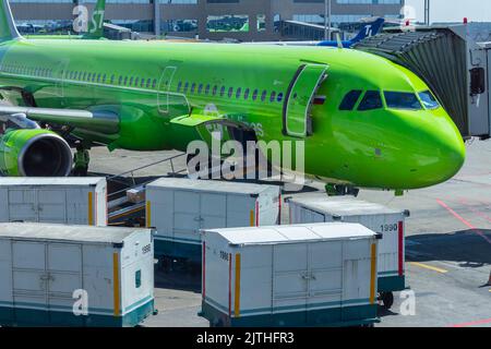 Mosca Russia 03 luglio 2022: Bagaglio trasferito in aereo verde all'aeroporto di Domodedovo. I lavoratori del servizio di terra controllano gli aeromobili S7 Airlines prima della depa Foto Stock