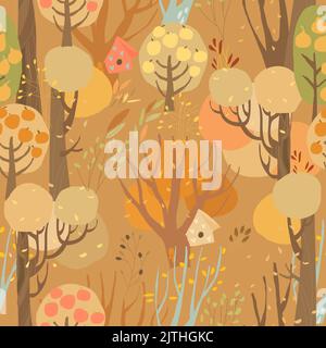Modello senza cuciture con alberi colorati autunnali su sfondo marrone Illustrazione Vettoriale