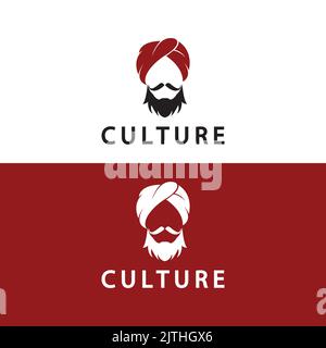 Turban Mustache India indiano logo disegno vettore illustrazione. Logo del volto di un uomo con barba e cappello tipici del paese indiano tradizionale. Illustrazione Vettoriale