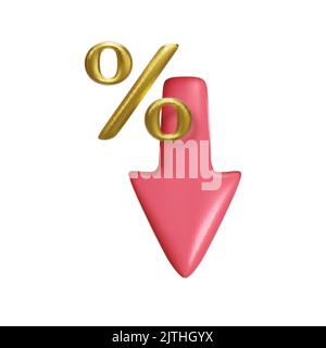 Segno di percentuale oro e freccia rossa verso il basso isolato su sfondo bianco. Concetto di business Icon banking. Illustrazione vettoriale Illustrazione Vettoriale