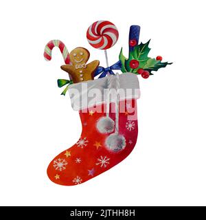 Calza di Natale, Illustrazione di acquerello, Natale, Capodanno, regali, Pan di zenzero, decorazione domestica, inverno, feste Foto Stock