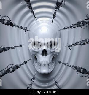 Evil robot Creation - 3D illustrazione di fantascienza cyborg cranio che si forma da metallo liquido fuso Foto Stock