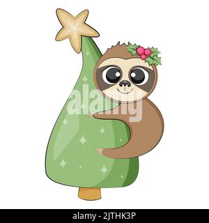 Cute natale sloth. Vacanze invernali. Illustrazione Vettoriale