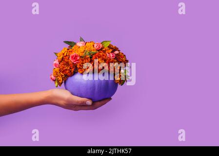 Felice Halloween decorato zucca viola decorata con fiori d'arancio in mano. Concetto di un background festivo positivo per Halloween, il giorno del Ringraziamento D. Foto Stock