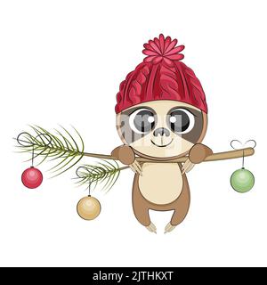 Cute natale sloth. Vacanze invernali. Illustrazione Vettoriale