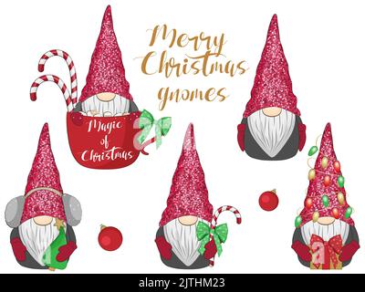 Grazioso gnomes di natale impostato. Illustrazione vettoriale. Illustrazione Vettoriale