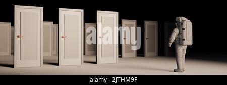 Astronauta di fronte a misteriose porte (3D illustrazione) Foto Stock