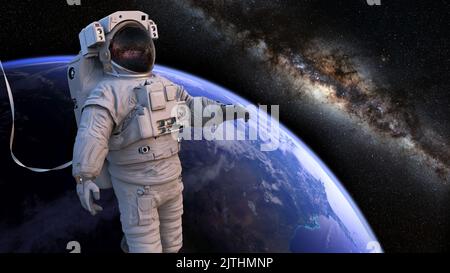 Astronauta durante la gesso spaziale in orbita terrestre (3D Science render) Foto Stock