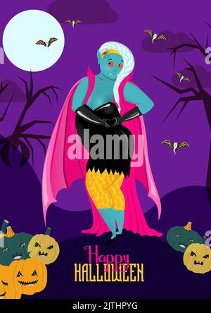 Poster Happy Halloween Party con vampiro e zucche. Illustrazione vettoriale. Luna piena, streghe, ciottoli e ragni. Posiziona per testo. Backgro della brochure Illustrazione Vettoriale