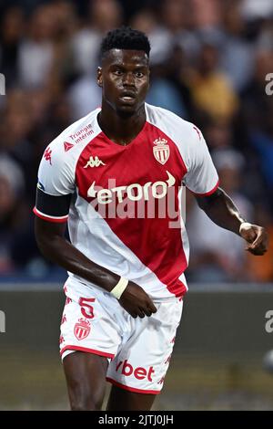 PARIGI - Benoit Badiashile di AS Monaco FC durante la partita francese Ligue 1 tra Parigi Saint-Germain e AS Monaco al Parc des Princes di Parigi, Francia il 28 agosto 2022. ANP | altezza olandese | GERRIT DA COLONIA Foto Stock