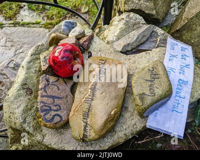 Regali, tra cui uno con le rune lasciate dai visitatori in un "percorso delle fate", Irlanda del Nord. Foto Stock