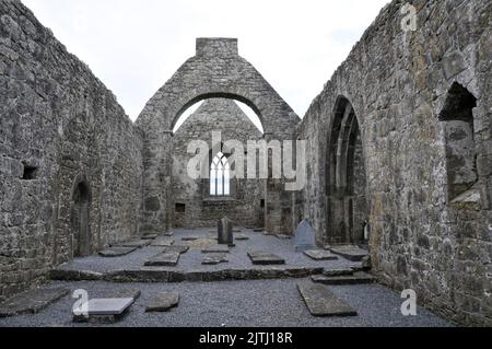 Lapidi all'interno delle rovine della chiesa abbaziale di Kilmacduagh, Contea di Galway, Repubblica d'Irlanda Foto Stock