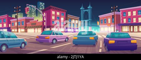 Auto che guidano la strada notturna della città, cartoon illustrazione. Progetto vettoriale di autosezio in megalopoli illuminata con edifici, grattacieli e ponte sullo sfondo del cielo scuro. Traffico urbano Illustrazione Vettoriale