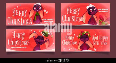 Allegro Natale e felice anno nuovo banner o biglietti di auguri con carino coniglio cartone animato carattere, divertente coniglietto di Natale in cappello di Santa, tenendo rotto scatola regalo. Vacanze invernali celebrazione Vector illustrazione Illustrazione Vettoriale