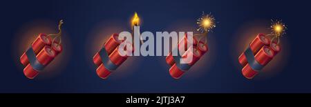 La dinamite si attacca con fusibile bruciato e si abbina. Arma esplosiva militare o mineraria tnt o pirackers con scintillante stoppino. Attrezzatura pericolosa con detonatore per distruggere il set di vettori 3D realistici Illustrazione Vettoriale