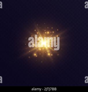 Stelle scoppiate con scintille, lente svasata con particelle, stella d'oro esplosione. Sole splendente con polvere di fata. Illustrazione Vettoriale