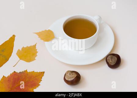 Tazza di tè su un piattino bianco circondato da foglie autunnali cadute e castagne su sfondo beige Foto Stock