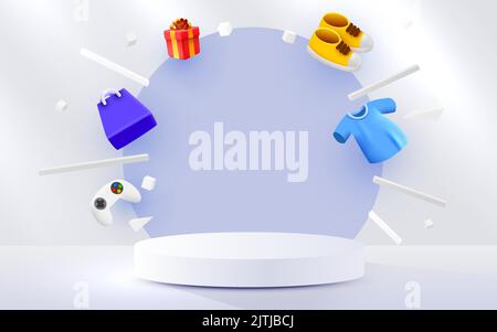 Sfondo di scena astratto con oggetti di moda. Podio cilindrico su sfondo bianco. Presentazione del prodotto, simulazione. Concetto di vendita. Illustrazione vettoriale Illustrazione Vettoriale