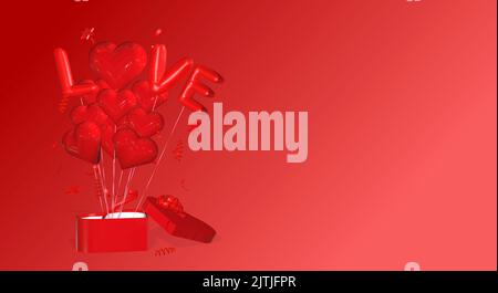 Mazzo di 3D palloncini a forma di cuore resi da una scatola regalo a forma di cuore San Valentino giorno compleanno sfondo matrimonio Foto Stock