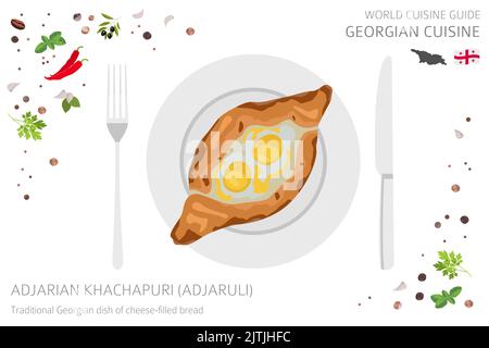 Guida di cucina mondiale. Cucina georgiana. Khachapuri pane isolato su bianco, infografica. Illustrazione vettoriale Illustrazione Vettoriale