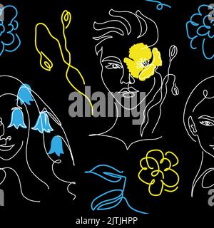 Modello vettoriale Ua blu e giallo con volto e fiore donna invece dell'occhio. Un disegno a linea continua di colore blu e giallo Illustrazione Vettoriale
