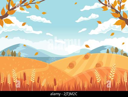 Paesaggio autunnale. Campi coltivati, spikelets maturi dorati del grano, balle di fieno rotonde. Illustrazione vettoriale in stile piatto Illustrazione Vettoriale