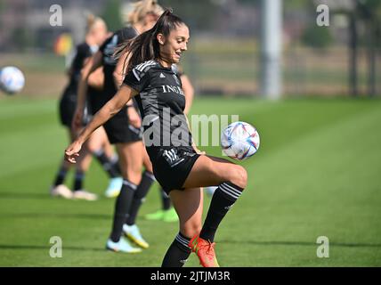 Tubize, Belgio, 31 agosto 2022. L'Amber Tysiak del Belgio è stato raffigurato in azione durante una sessione di allenamento della nazionale belga di calcio femminile The Red Flames, a Tubize, mercoledì 31 agosto 2022. Venerdì la squadra norvegese giocherà nelle qualifiche per i Campionati del mondo. FOTO DI BELGA DAVID CATRY Foto Stock