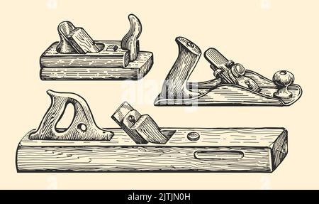 Jointer a mano in stile vintage. Lavorazione del legno, illustrazione vettoriale degli utensili da falegname. Falegnameria, concetto di legno Illustrazione Vettoriale