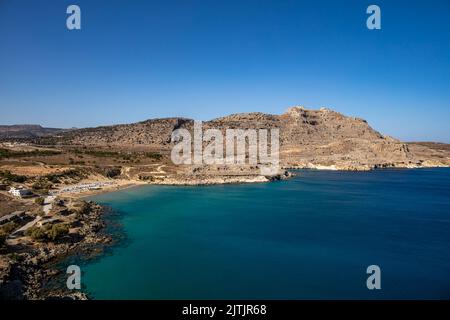 Agia Agathi Beach (sabbia dorata) sull'isola di Rodi, Grecia Foto Stock