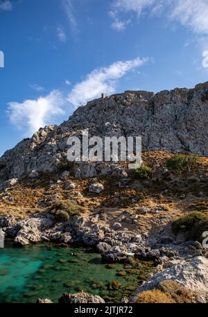 Agia Agathi Beach (sabbia dorata) sull'isola di Rodi, Grecia Foto Stock