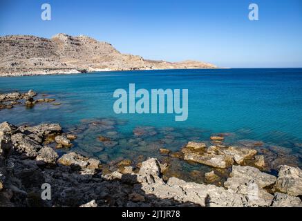 Agia Agathi Beach (sabbia dorata) sull'isola di Rodi, Grecia Foto Stock